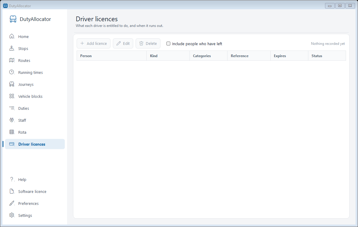 The Driver licences screen in DutyAllocator