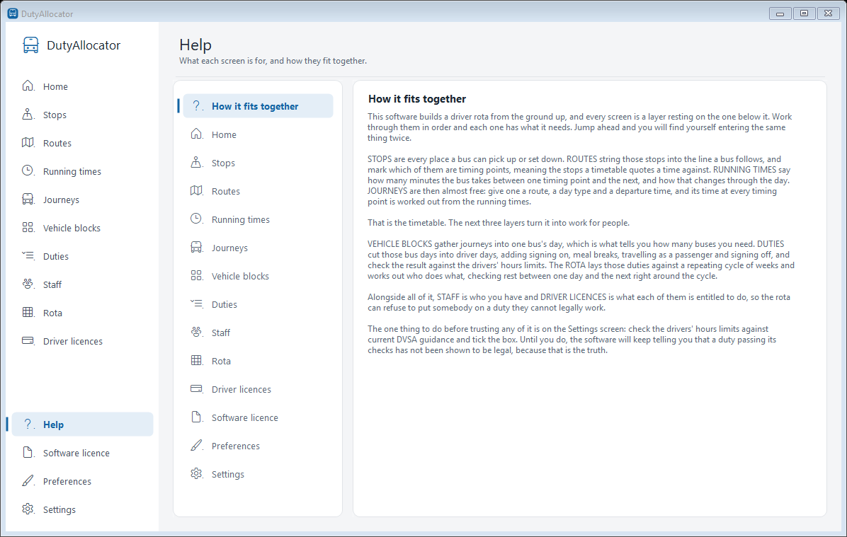 The Help screen in DutyAllocator