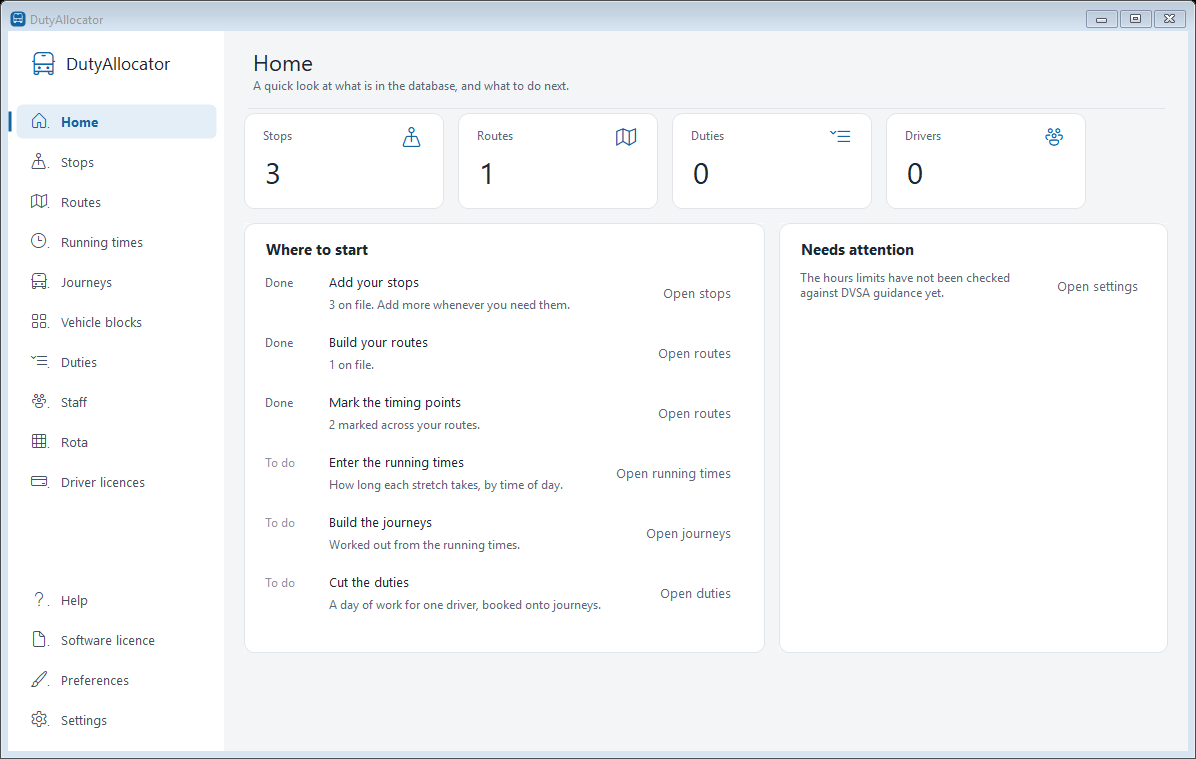 The DutyAllocator home screen, showing counts of stops, routes, duties and drivers
