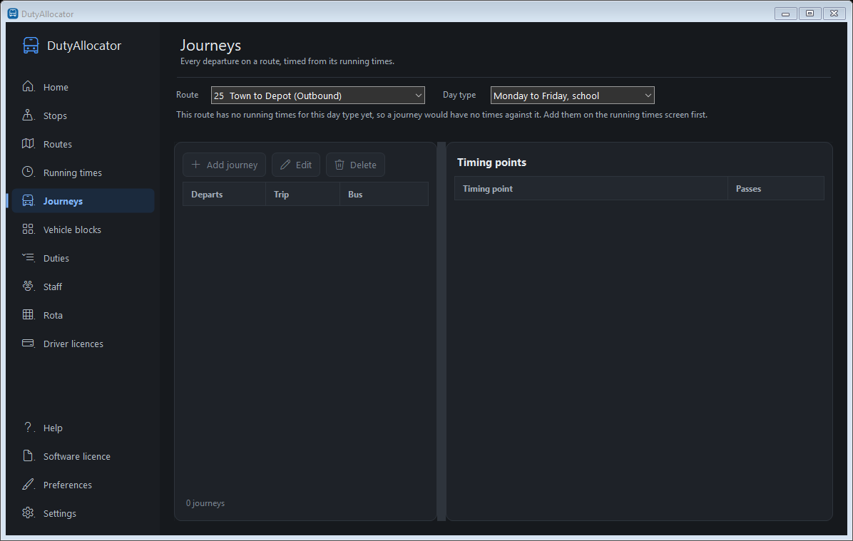 The Journeys screen in DutyAllocator, dark mode