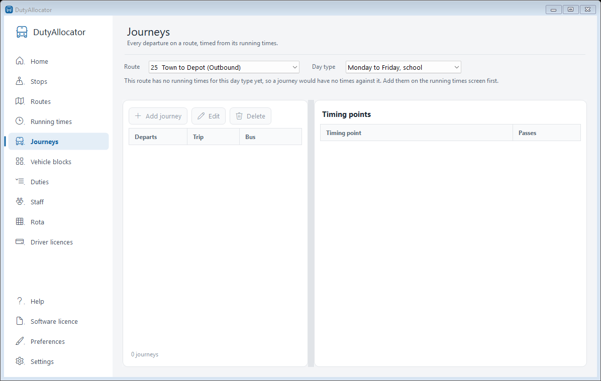The Journeys screen in DutyAllocator
