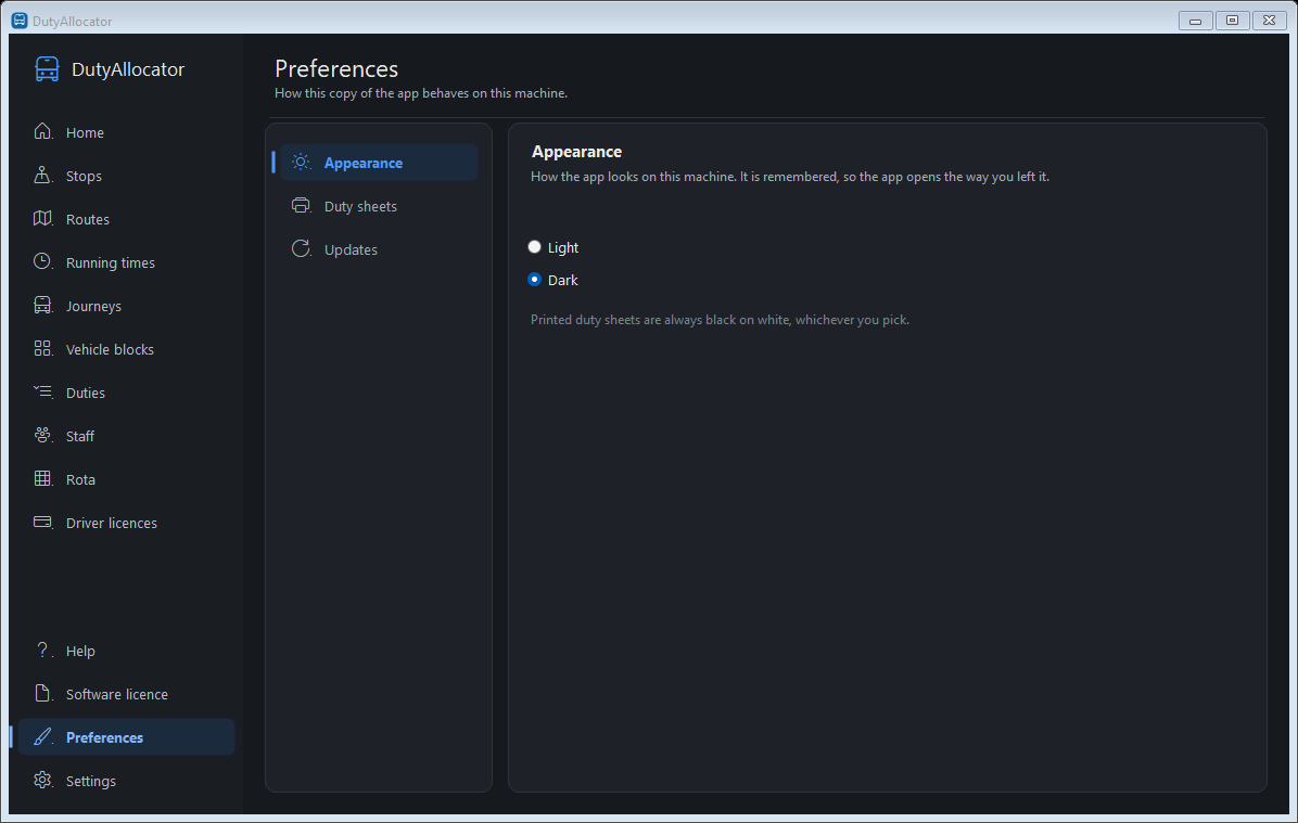 The Preferences screen in DutyAllocator, dark mode