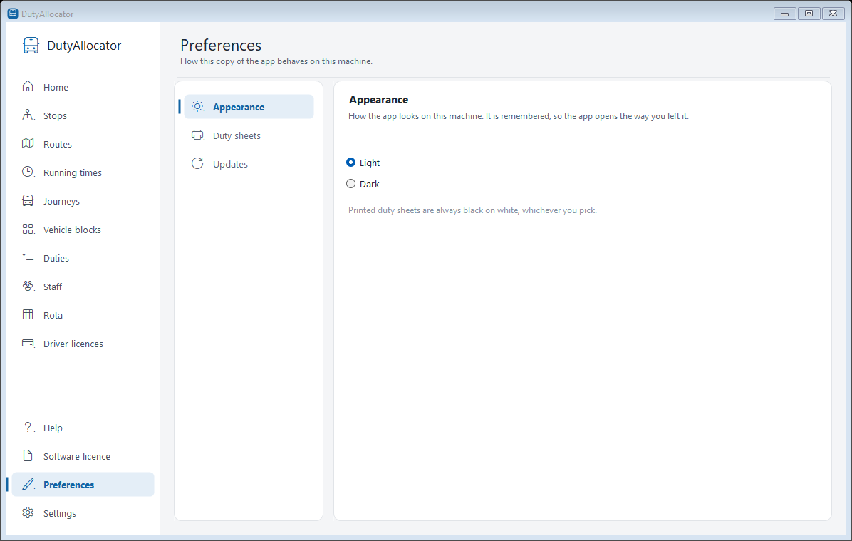 The Preferences screen in DutyAllocator