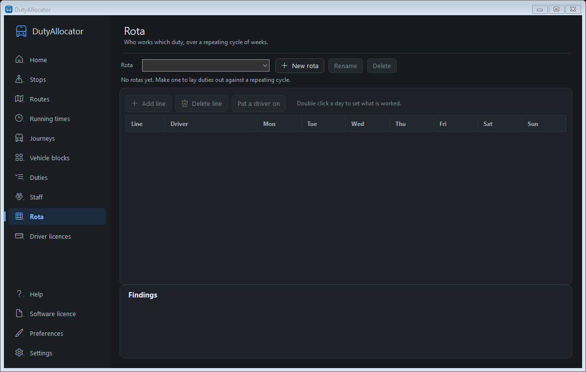 The Rota screen in DutyAllocator, dark mode