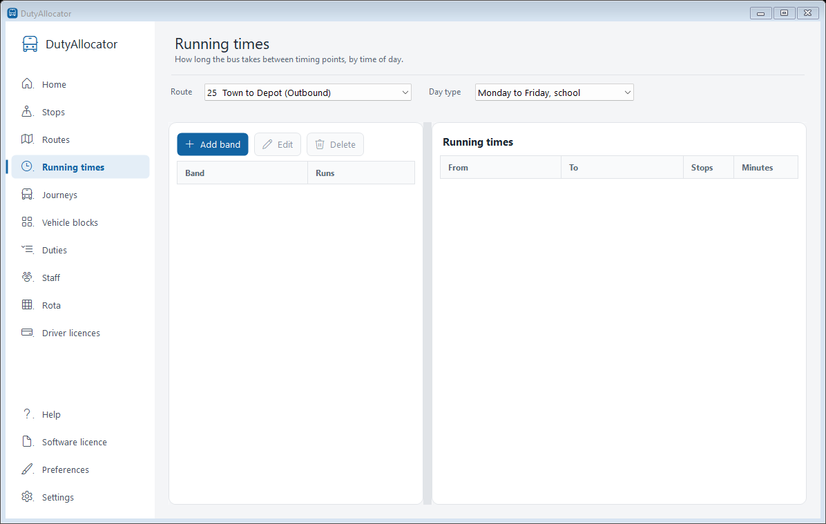 The Running times screen in DutyAllocator