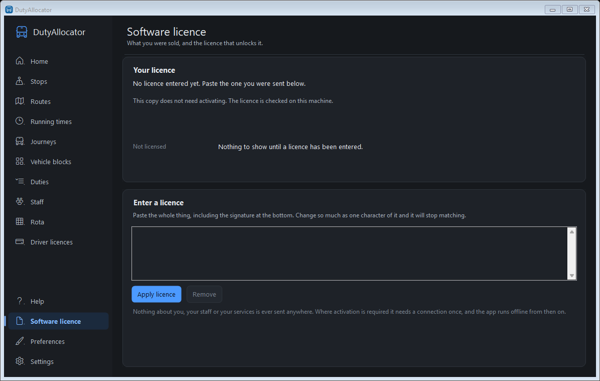 The Software licence screen in DutyAllocator, dark mode
