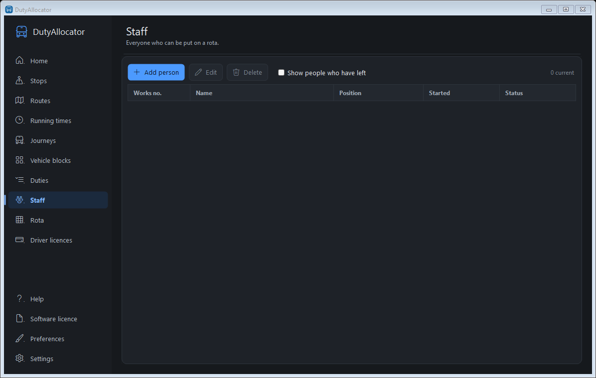 The Staff screen in DutyAllocator, dark mode