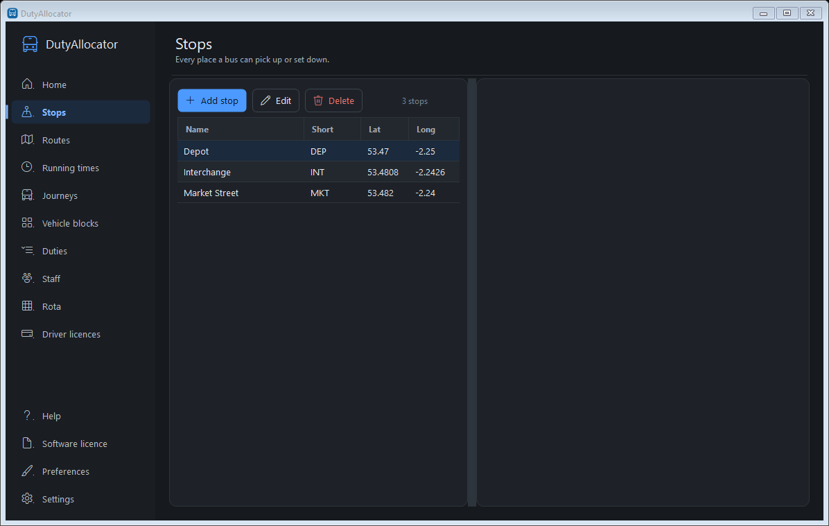 The Stops screen in DutyAllocator, dark mode